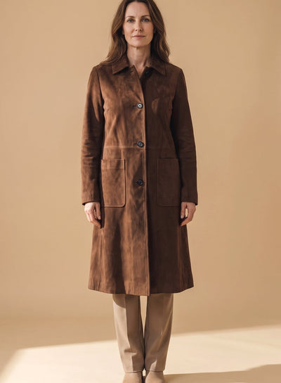 Lena | Damen Vintage Wildleder-Optik Zweireihiger Langer Trenchcoat