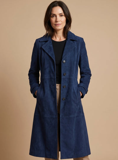 Lena | Damen Vintage Wildleder-Optik Zweireihiger Langer Trenchcoat