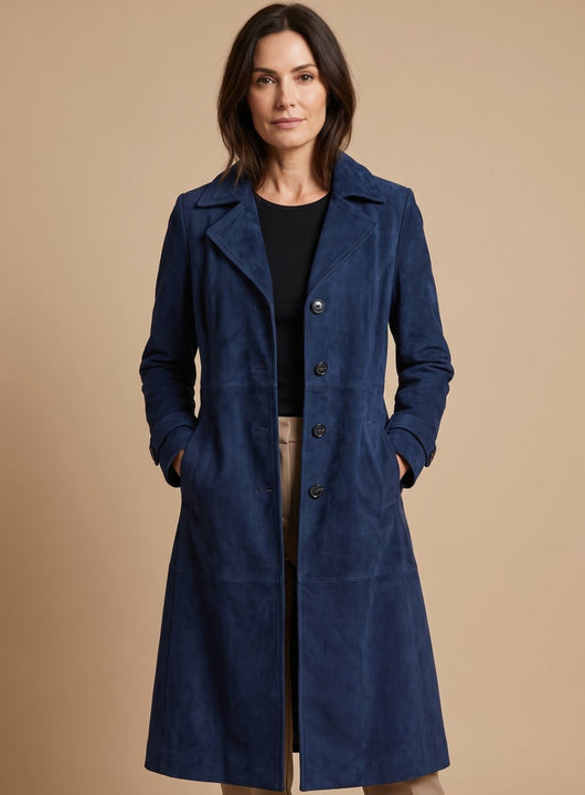 Lena | Damen Vintage Wildleder-Optik Zweireihiger Langer Trenchcoat