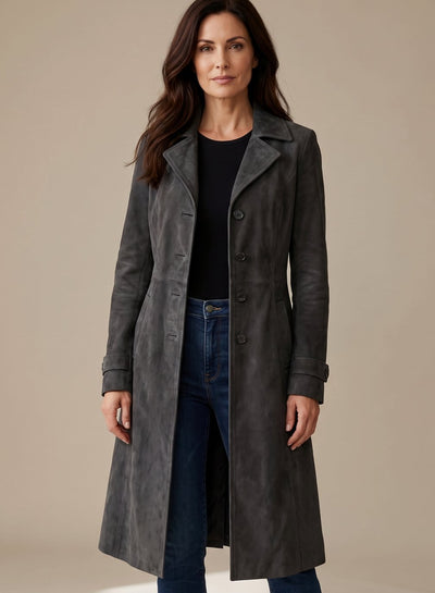 Lena | Damen Vintage Wildleder-Optik Zweireihiger Langer Trenchcoat