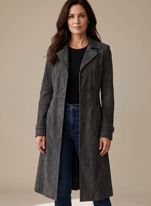 Lena | Damen Vintage Wildleder-Optik Zweireihiger Langer Trenchcoat