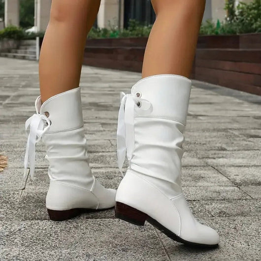 Marie | Damen Wadenhohe Schnür-Ankle-Boots mit Blockabsatz aus Kunstleder