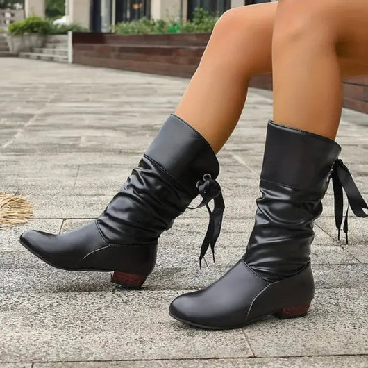 Marie | Damen Wadenhohe Schnür-Ankle-Boots mit Blockabsatz aus Kunstleder