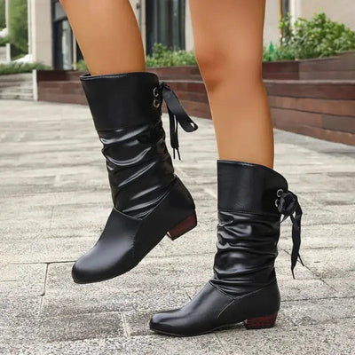 Marie | Damen Wadenhohe Schnür-Ankle-Boots mit Blockabsatz aus Kunstleder