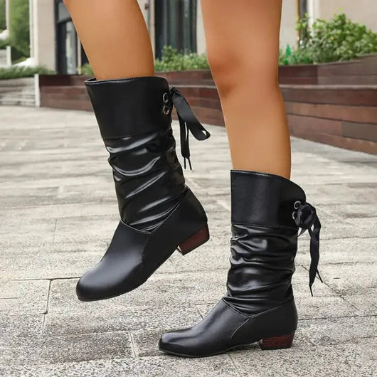 Marie | Damen Wadenhohe Schnür-Ankle-Boots mit Blockabsatz aus Kunstleder