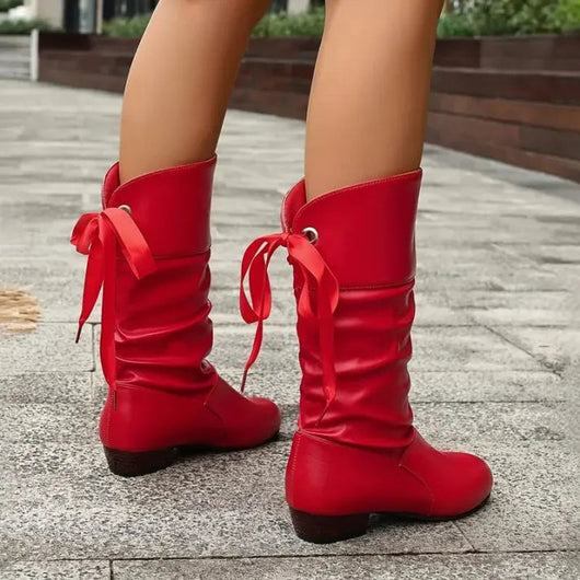 Marie | Damen Wadenhohe Schnür-Ankle-Boots mit Blockabsatz aus Kunstleder
