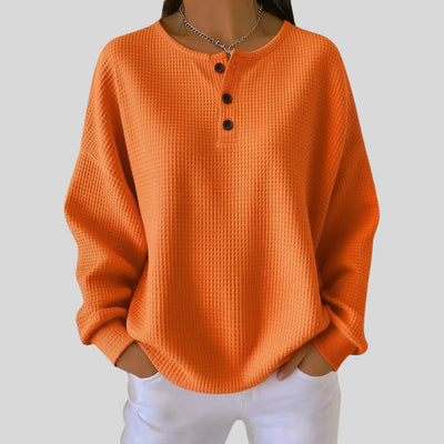 Elisabeth | Damen Waffelstrick Henley Knit Sweater Langarm Oversize Pullover