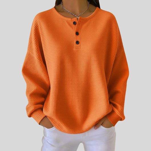 Elisabeth | Damen Waffelstrick Henley Knit Sweater Langarm Oversize Pullover