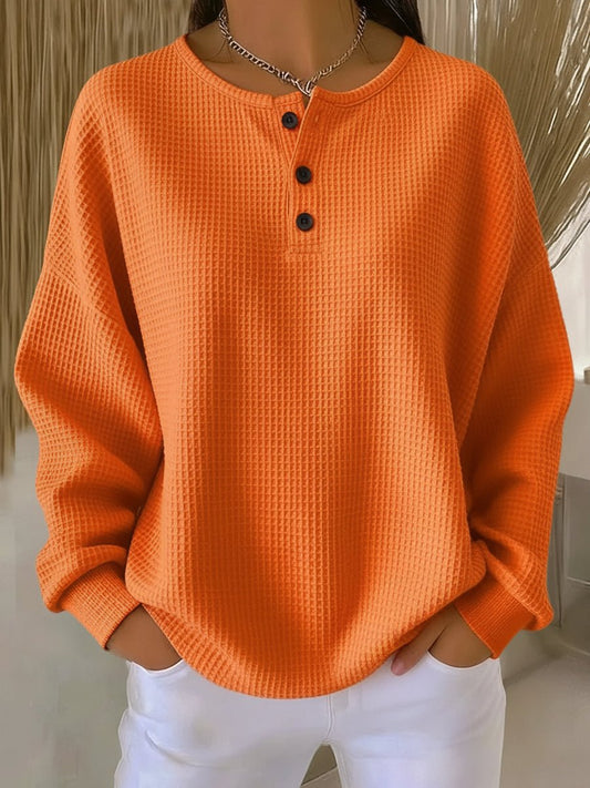 Elisabeth | Damen Waffelstrick Henley Knit Sweater Langarm Oversize Pullover