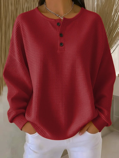 Elisabeth | Damen Waffelstrick Henley Knit Sweater Langarm Oversize Pullover