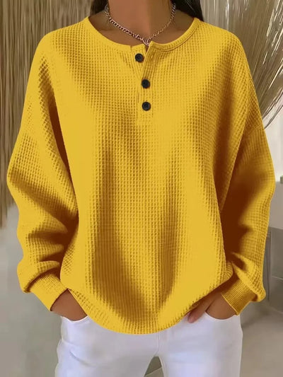 Elisabeth | Damen Waffelstrick Henley Knit Sweater Langarm Oversize Pullover