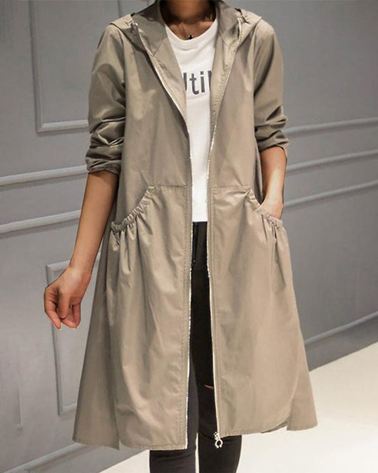 Charlotte | Damen Wasserabweisender Langer Kapuzen-Trenchcoat aus Polyester