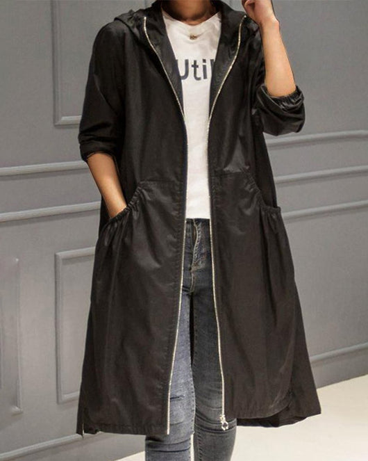 Charlotte | Damen Wasserabweisender Langer Kapuzen-Trenchcoat aus Polyester