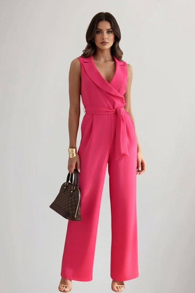 Amelie | Damen Weitbein-Jumpsuit Blazerkragen Bindegürtel