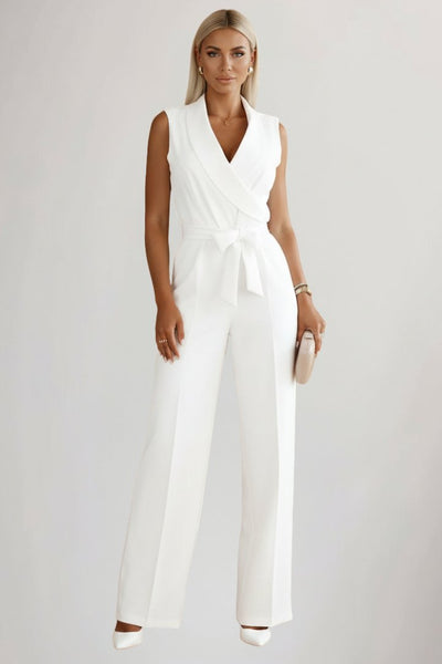 Amelie | Damen Weitbein-Jumpsuit Blazerkragen Bindegürtel