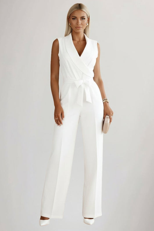 Amelie | Damen Weitbein-Jumpsuit Blazerkragen Bindegürtel
