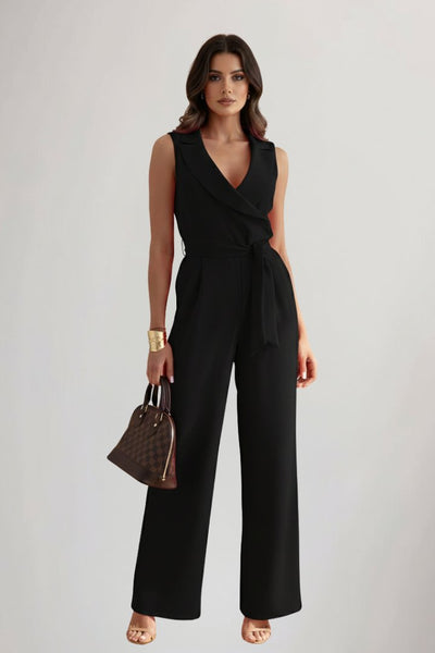 Amelie | Damen Weitbein-Jumpsuit Blazerkragen Bindegürtel