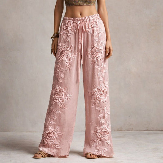 Marlene | Damen Weite Hose mit Blumenstickerei und Kordelzug
