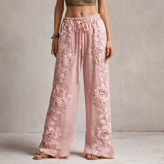 Marlene | Damen Weite Hose mit Blumenstickerei und Kordelzug