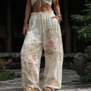 Marlene | Damen Weite Hose mit Blumenstickerei und Kordelzug