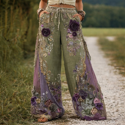 Marlene | Damen Weite Hose mit Blumenstickerei und Kordelzug