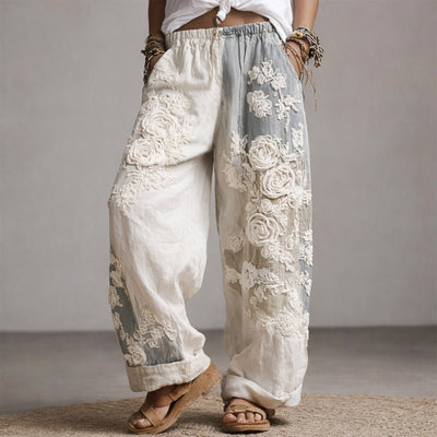 Marlene | Damen Weite Hose mit Blumenstickerei und Kordelzug