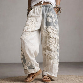 Marlene | Damen Weite Hose mit Blumenstickerei und Kordelzug