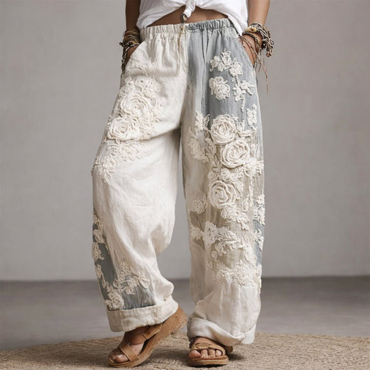 Marlene | Damen Weite Hose mit Blumenstickerei und Kordelzug