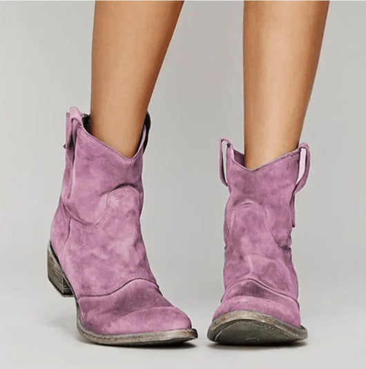 Charlotte | Damen Western Ankle Boots Wildleder Kniehohe Stiefel Flacher Absatz