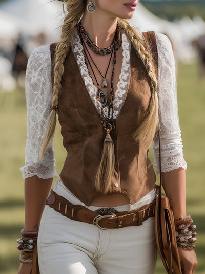 Charlotte | Damen Western Spitzenbluse Langarm Tailliert V-Ausschnitt