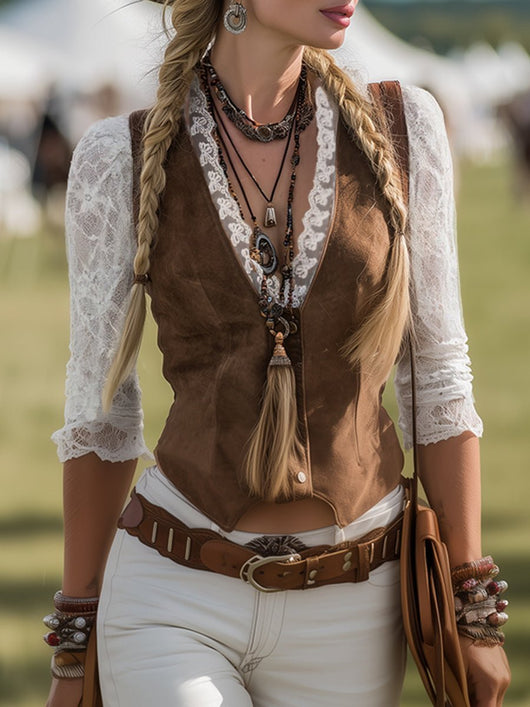 Charlotte | Damen Western Spitzenbluse Langarm Tailliert V-Ausschnitt