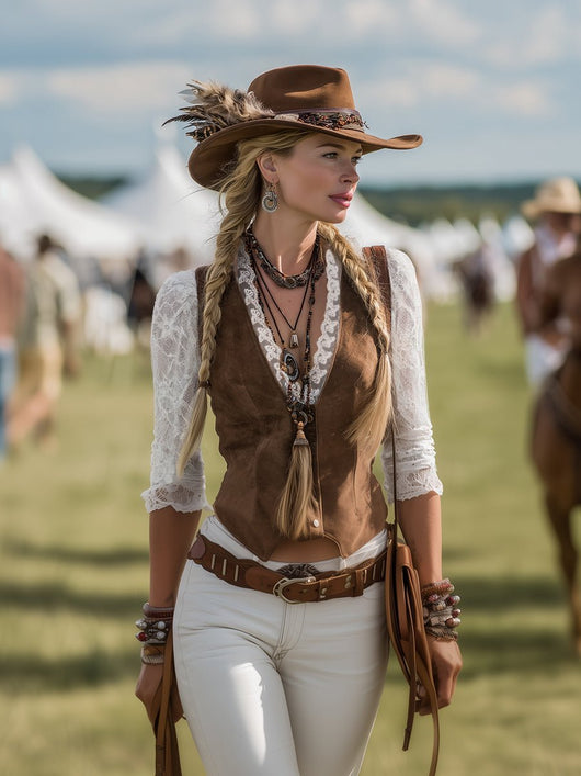 Charlotte | Damen Western Spitzenbluse Langarm Tailliert V-Ausschnitt