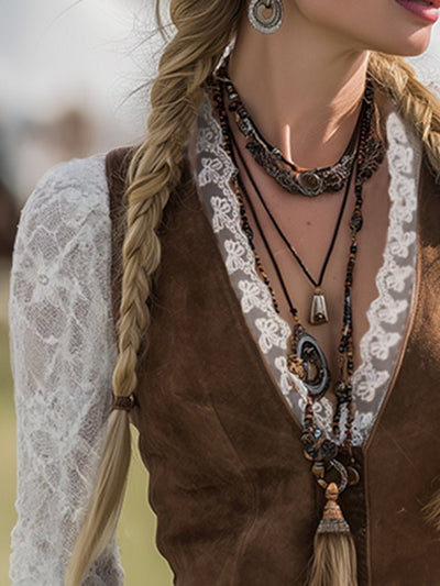 Charlotte | Damen Western Spitzenbluse Langarm Tailliert V-Ausschnitt