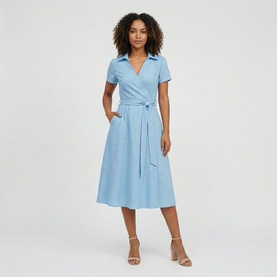 Sophie | Damen Wickel-Midi-Kleid mit V-Ausschnitt Taillengürtel Seitentaschen
