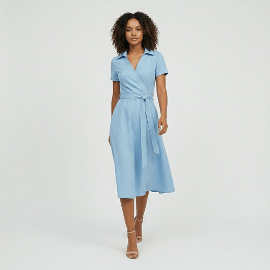 Sophie | Damen Wickel-Midi-Kleid mit V-Ausschnitt Taillengürtel Seitentaschen