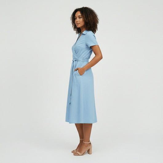Sophie | Damen Wickel-Midi-Kleid mit V-Ausschnitt Taillengürtel Seitentaschen