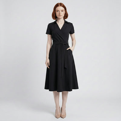 Sophie | Damen Wickel-Midi-Kleid mit V-Ausschnitt Taillengürtel Seitentaschen