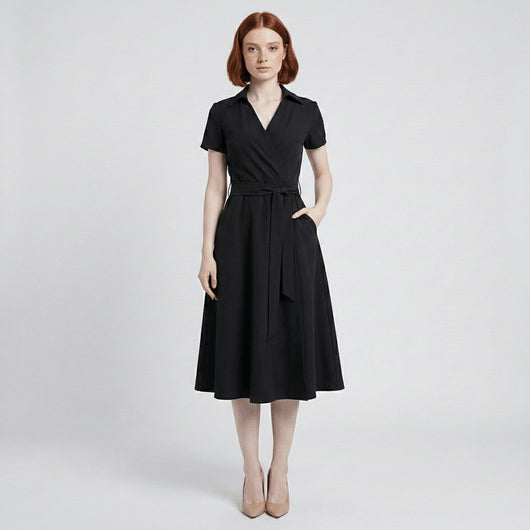 Sophie | Damen Wickel-Midi-Kleid mit V-Ausschnitt Taillengürtel Seitentaschen