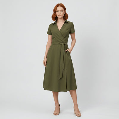 Sophie | Damen Wickel-Midi-Kleid mit V-Ausschnitt Taillengürtel Seitentaschen