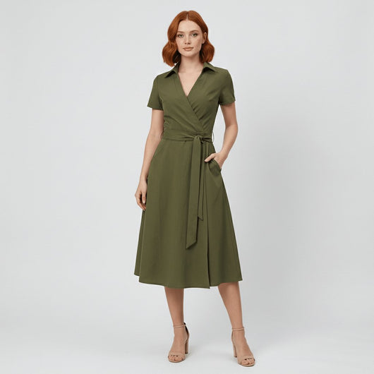 Sophie | Damen Wickel-Midi-Kleid mit V-Ausschnitt Taillengürtel Seitentaschen