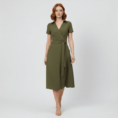 Sophie | Damen Wickel-Midi-Kleid mit V-Ausschnitt Taillengürtel Seitentaschen