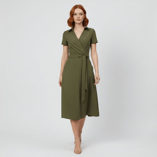 Sophie | Damen Wickel-Midi-Kleid mit V-Ausschnitt Taillengürtel Seitentaschen