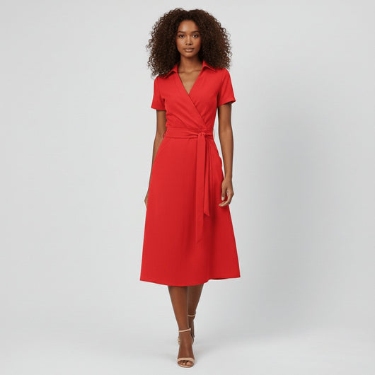 Sophie | Damen Wickel-Midi-Kleid mit V-Ausschnitt Taillengürtel Seitentaschen