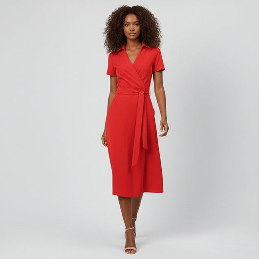 Sophie | Damen Wickel-Midi-Kleid mit V-Ausschnitt Taillengürtel Seitentaschen