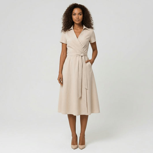 Sophie | Damen Wickel-Midi-Kleid mit V-Ausschnitt Taillengürtel Seitentaschen