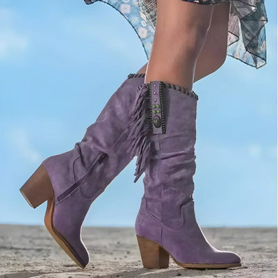 Frieda | Damen Wildleder Fransen Knee High Boots Western Cowboy Stiefel