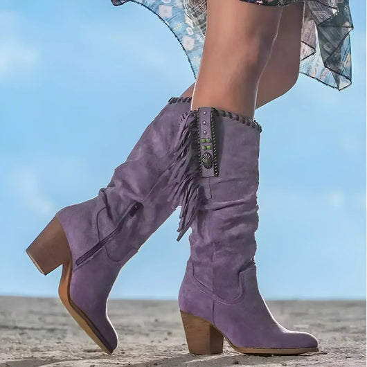 Frieda | Damen Wildleder Fransen Knee High Boots Western Cowboy Stiefel