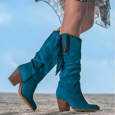 Frieda | Damen Wildleder Fransen Knee High Boots Western Cowboy Stiefel