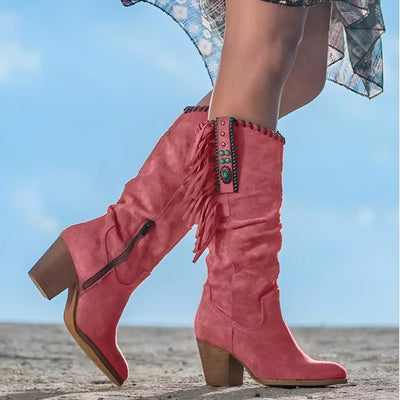 Frieda | Damen Wildleder Fransen Knee High Boots Western Cowboy Stiefel
