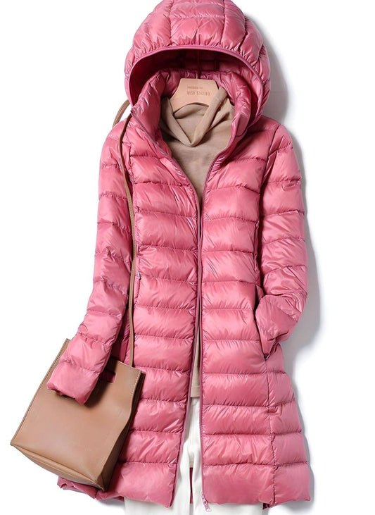 Hannah | Damen Winterjacke Leichte Lange Steppjacke Abnehmbare Kapuze